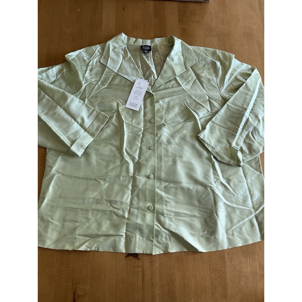 Eileen Fisher Women's 100% Silk‎ Diamond Button Up Blouse Top Light Green Sz 1X